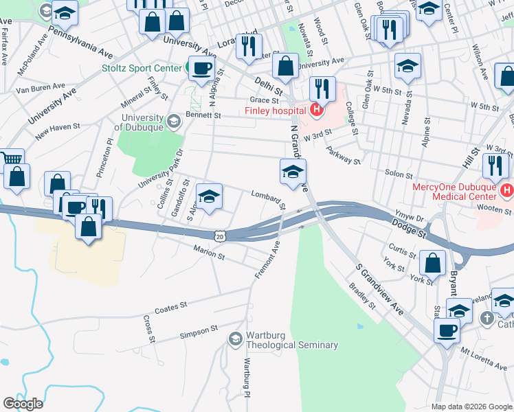 map of restaurants, bars, coffee shops, grocery stores, and more near 25 Meadow Ln in Dubuque