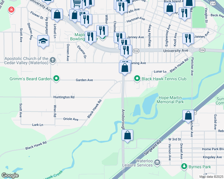 map of restaurants, bars, coffee shops, grocery stores, and more near 1251 Black Hawk Road in Waterloo