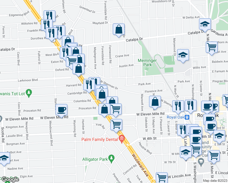map of restaurants, bars, coffee shops, grocery stores, and more near 412 Josephine Avenue in Royal Oak