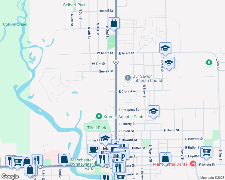 map of restaurants, bars, coffee shops, grocery stores, and more near 900 North Franklin Street in Manchester