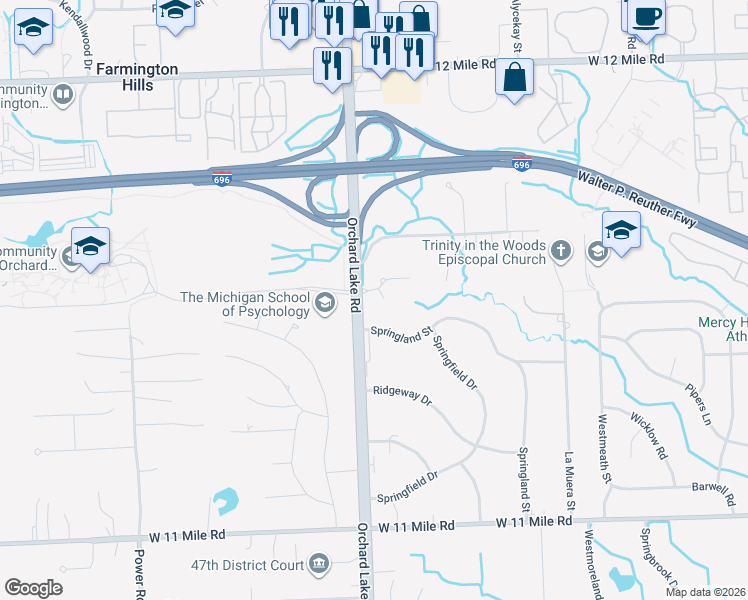map of restaurants, bars, coffee shops, grocery stores, and more near 31345 Scenic View Circle in Farmington Hills