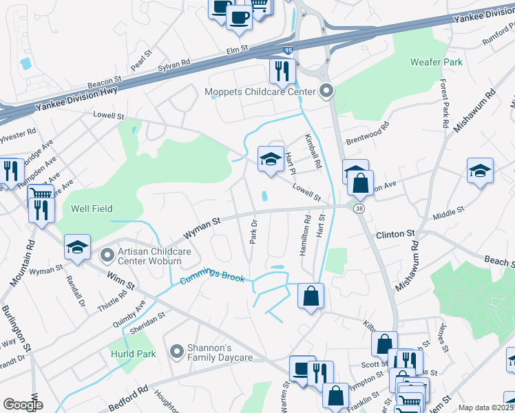 map of restaurants, bars, coffee shops, grocery stores, and more near 43 Wyman Street in Woburn