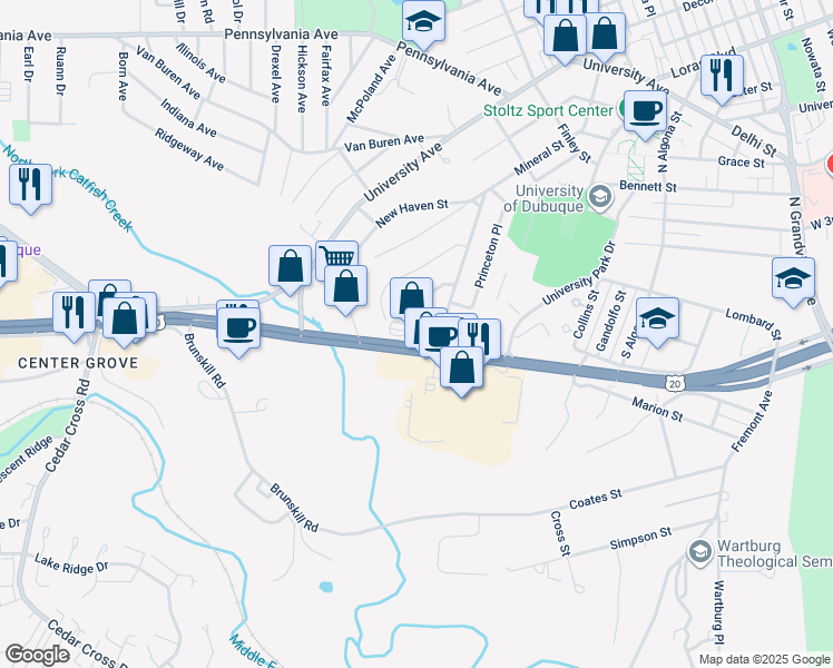 map of restaurants, bars, coffee shops, grocery stores, and more near 2685 Dodge Street in Dubuque