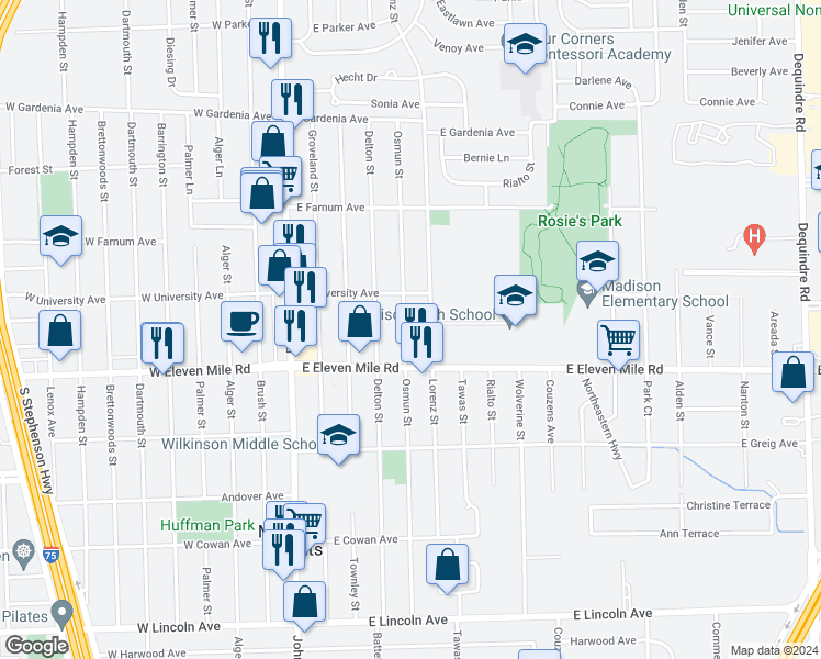 map of restaurants, bars, coffee shops, grocery stores, and more near 27068 Osmun Street in Madison Heights