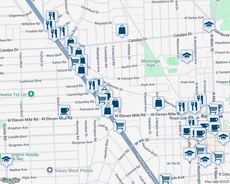 map of restaurants, bars, coffee shops, grocery stores, and more near 412 Josephine Avenue in Royal Oak