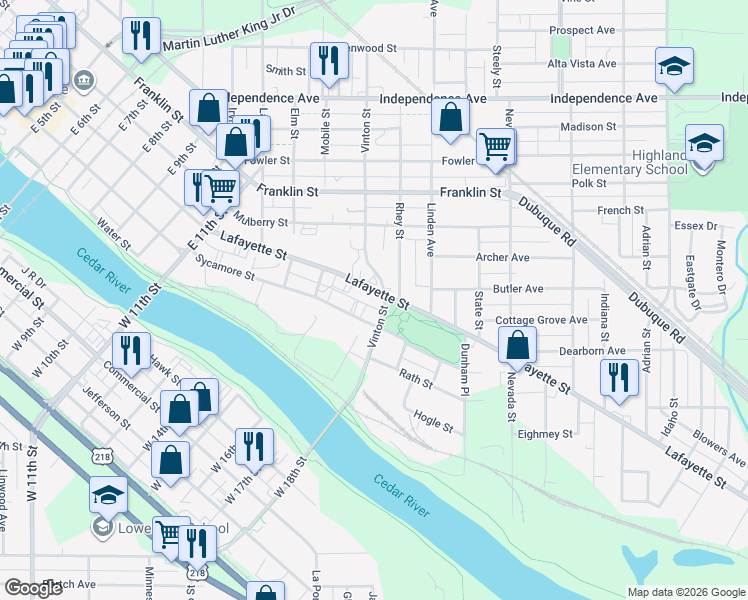 map of restaurants, bars, coffee shops, grocery stores, and more near 1716 Lafayette Street in Waterloo