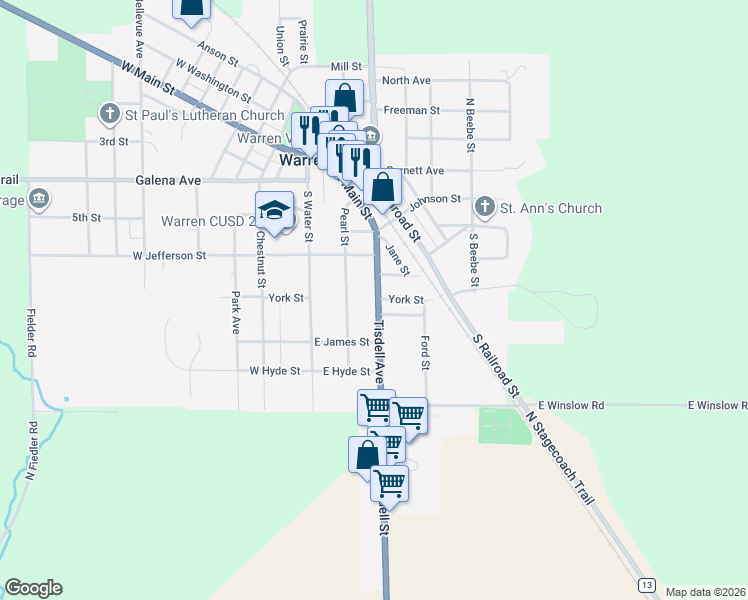 map of restaurants, bars, coffee shops, grocery stores, and more near 415 Tisdell Avenue in Warren