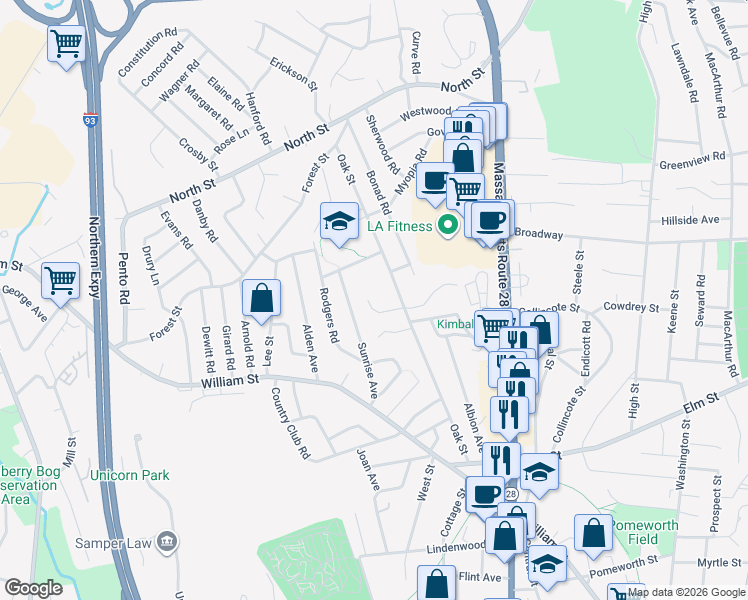 map of restaurants, bars, coffee shops, grocery stores, and more near 9 Oak Ridge Road in Stoneham