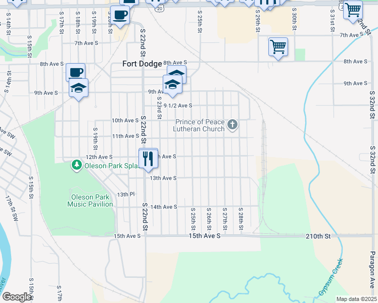 map of restaurants, bars, coffee shops, grocery stores, and more near 1120 South 25th Street in Fort Dodge