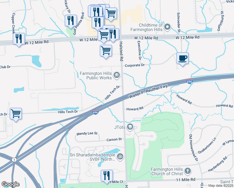 map of restaurants, bars, coffee shops, grocery stores, and more near 37555 Hills Tech Drive in Farmington Hills