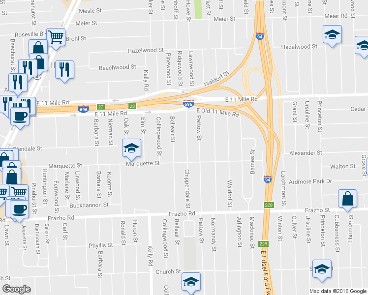 map of restaurants, bars, coffee shops, grocery stores, and more near 26461 Chippendale Street in Roseville