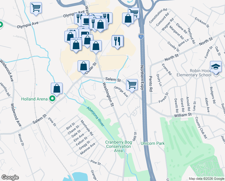 map of restaurants, bars, coffee shops, grocery stores, and more near 16 Robert Avenue in Woburn