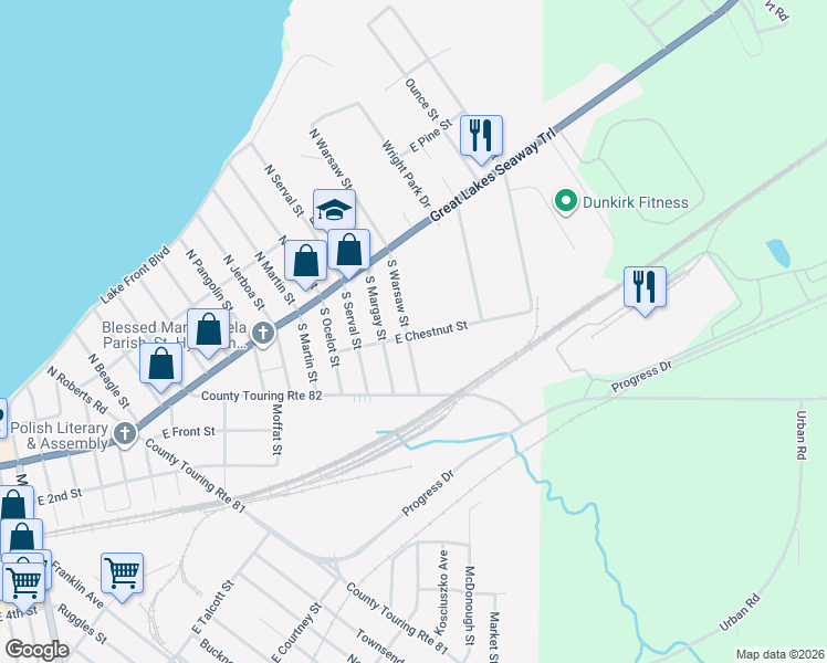 map of restaurants, bars, coffee shops, grocery stores, and more near 136 East Chestnut Street in Dunkirk