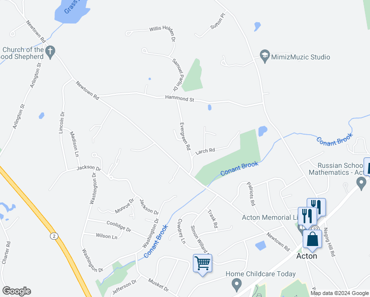 map of restaurants, bars, coffee shops, grocery stores, and more near 8 Evergreen Road in Acton