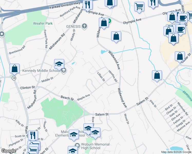 map of restaurants, bars, coffee shops, grocery stores, and more near 23 Winstead Avenue in Woburn