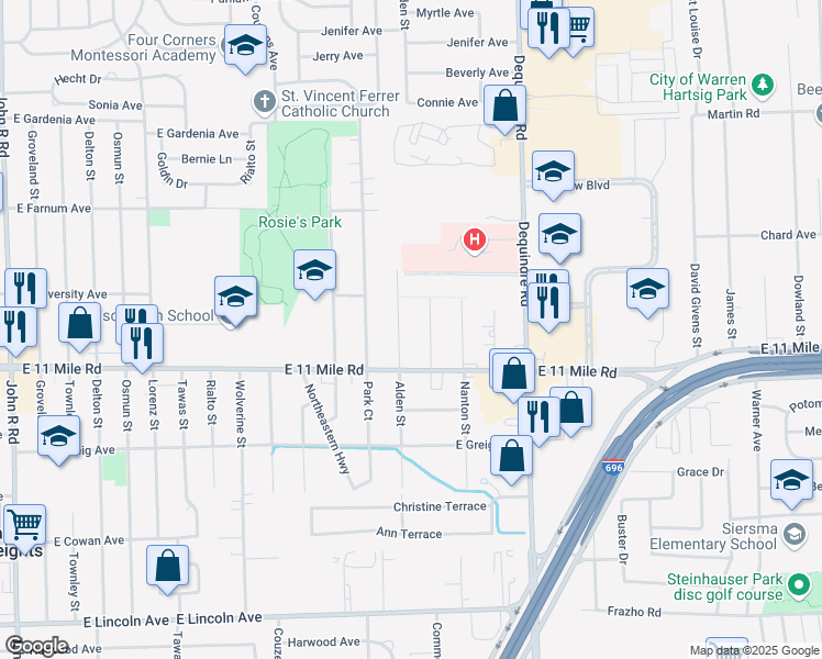 map of restaurants, bars, coffee shops, grocery stores, and more near 27078 Alden Street in Madison Heights