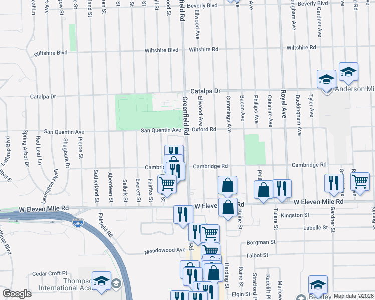 map of restaurants, bars, coffee shops, grocery stores, and more near 2172 Greenfield Road in Berkley