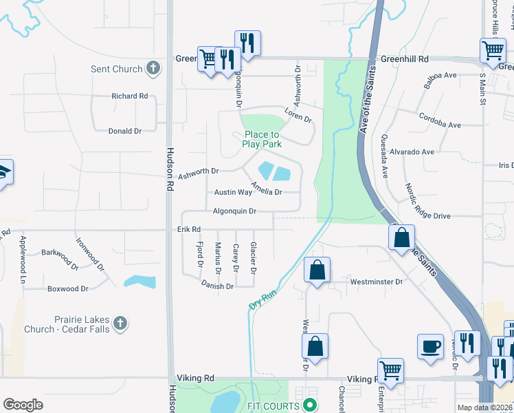 map of restaurants, bars, coffee shops, grocery stores, and more near 1219 Algonquin Drive in Cedar Falls