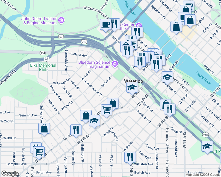 map of restaurants, bars, coffee shops, grocery stores, and more near 636 West Park Avenue in Waterloo