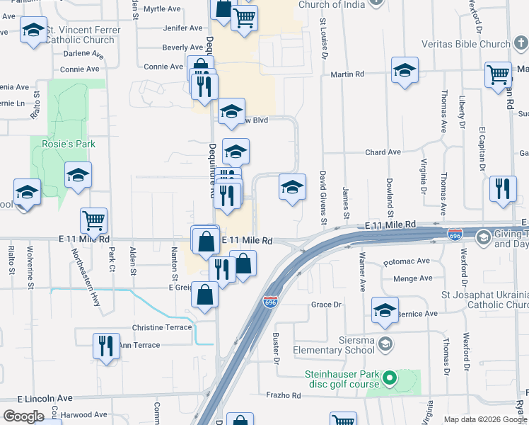 map of restaurants, bars, coffee shops, grocery stores, and more near 27200 Parkview Boulevard in Warren
