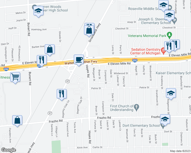 map of restaurants, bars, coffee shops, grocery stores, and more near 26670 Margaret Street in Roseville
