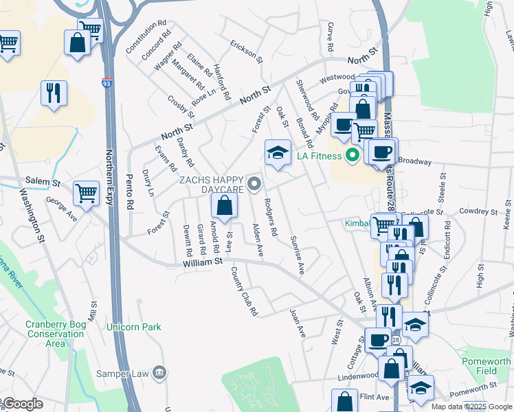 map of restaurants, bars, coffee shops, grocery stores, and more near 23 Alden Avenue in Stoneham