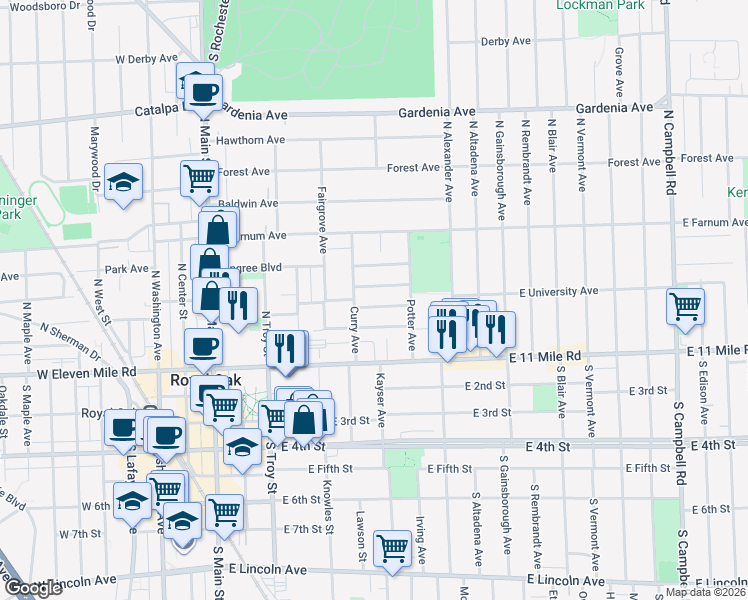 map of restaurants, bars, coffee shops, grocery stores, and more near 619 East University Avenue in Royal Oak