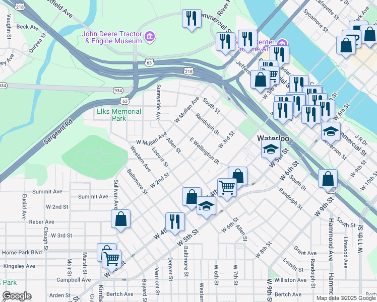 map of restaurants, bars, coffee shops, grocery stores, and more near 219 Allen Street in Waterloo