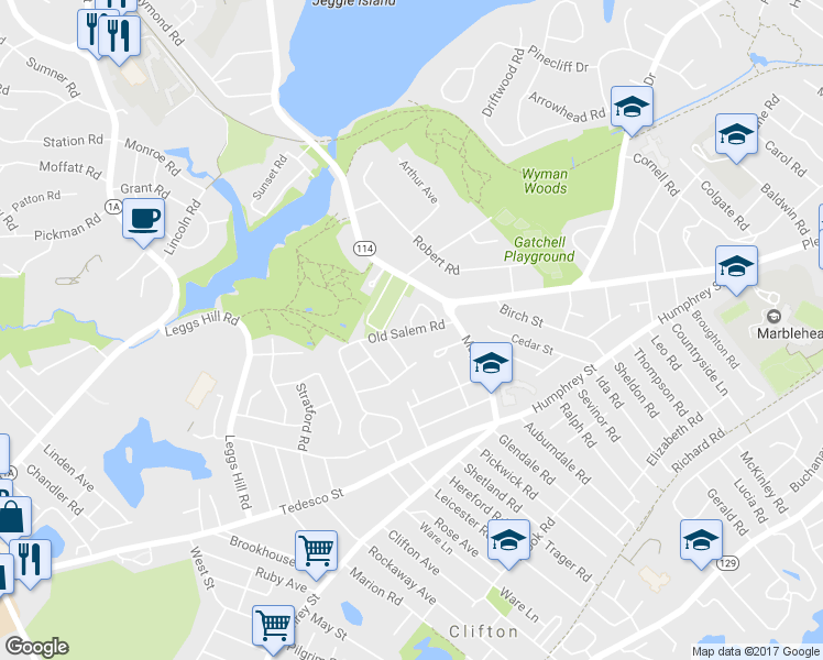 map of restaurants, bars, coffee shops, grocery stores, and more near 2 Clipper Way in Marblehead