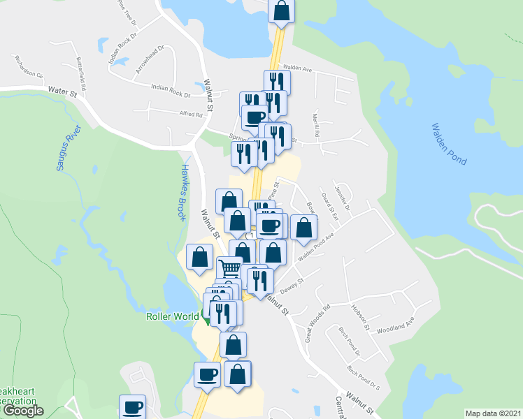 map of restaurants, bars, coffee shops, grocery stores, and more near 150 Broadway in Saugus