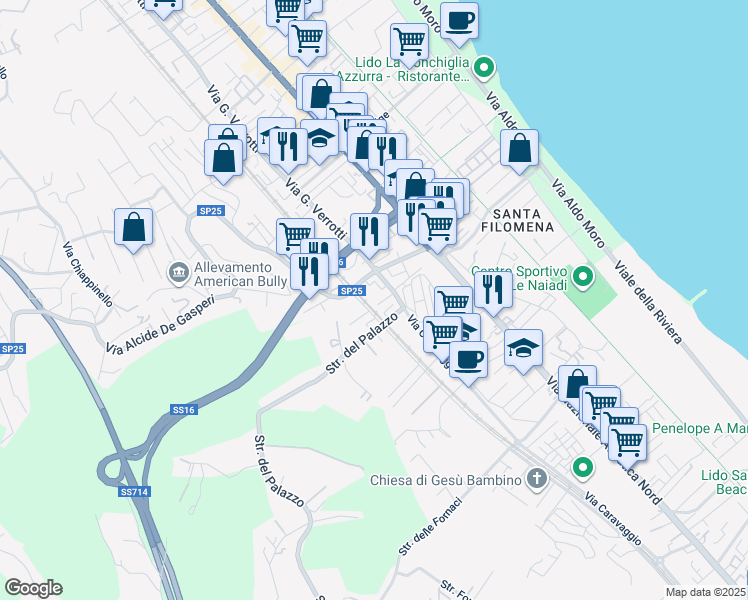 map of restaurants, bars, coffee shops, grocery stores, and more near 8 Via Bernardo Brandizio in Pescara