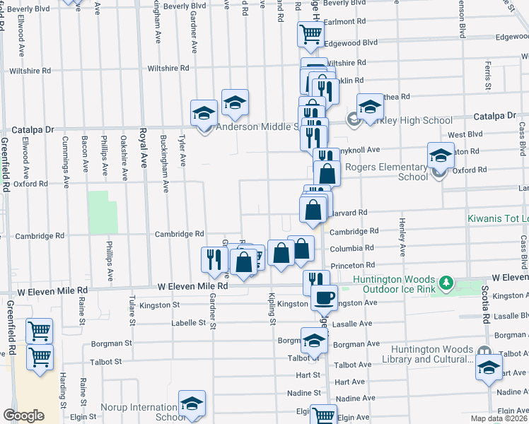 map of restaurants, bars, coffee shops, grocery stores, and more near 2115 Kipling Avenue in Berkley