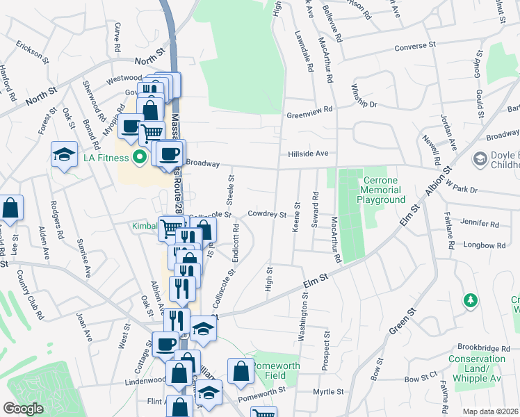 map of restaurants, bars, coffee shops, grocery stores, and more near 5 Cowdrey Street in Stoneham