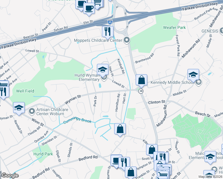 map of restaurants, bars, coffee shops, grocery stores, and more near 21 Wyman Street in Woburn