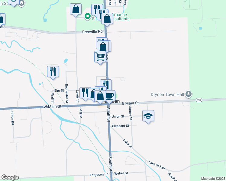 map of restaurants, bars, coffee shops, grocery stores, and more near 14 North Street in Dryden