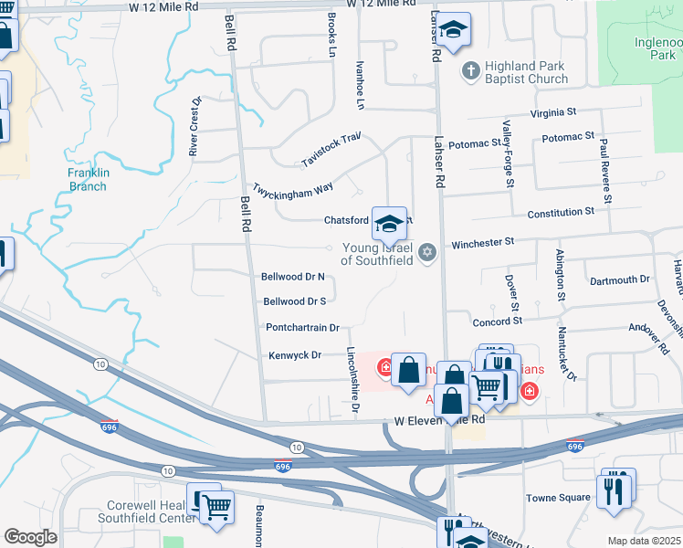 map of restaurants, bars, coffee shops, grocery stores, and more near 22522 Bellwood Drive South in Southfield