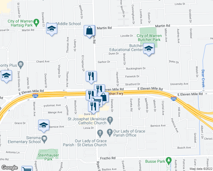 map of restaurants, bars, coffee shops, grocery stores, and more near 4043 Heatherwood Court in Warren