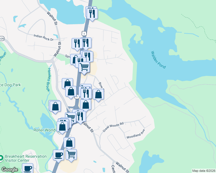 map of restaurants, bars, coffee shops, grocery stores, and more near 5 Guard Street Extension in Saugus