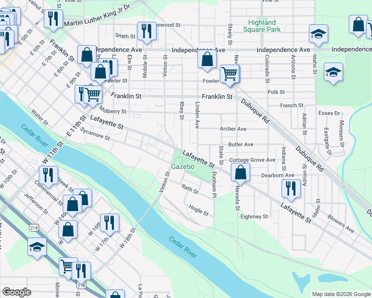 map of restaurants, bars, coffee shops, grocery stores, and more near 1801 Lafayette Street in Waterloo