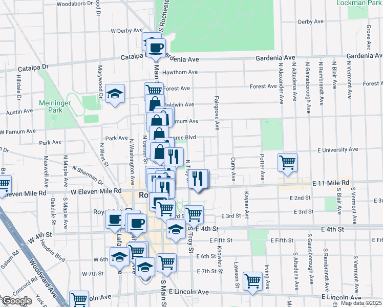 map of restaurants, bars, coffee shops, grocery stores, and more near 304 North Troy Street in Royal Oak
