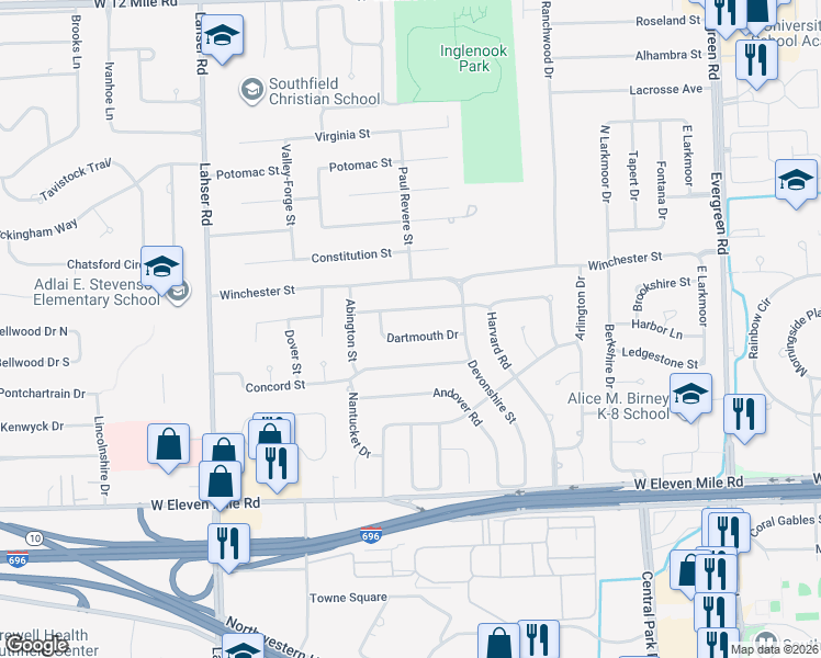map of restaurants, bars, coffee shops, grocery stores, and more near 21300 Dartmouth Drive in Southfield