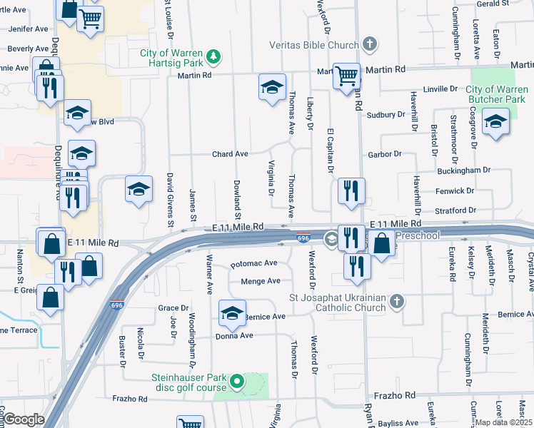 map of restaurants, bars, coffee shops, grocery stores, and more near 3230 Janet Avenue in Warren