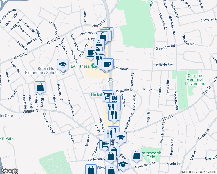 map of restaurants, bars, coffee shops, grocery stores, and more near 157 Main Street in Stoneham