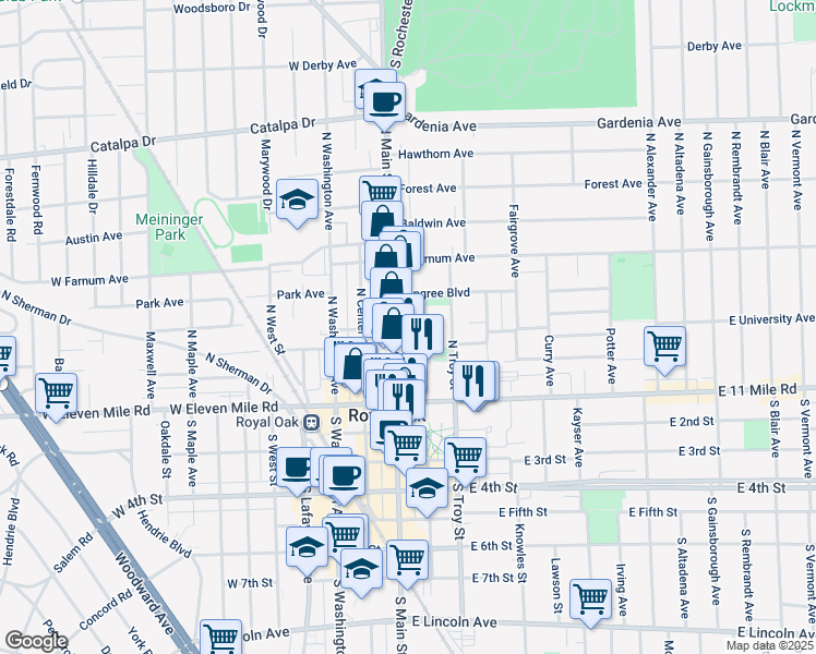 map of restaurants, bars, coffee shops, grocery stores, and more near 480 North Main Street in Royal Oak