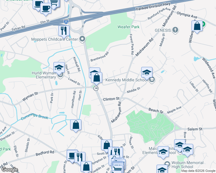 map of restaurants, bars, coffee shops, grocery stores, and more near 26 Newbury St in Woburn