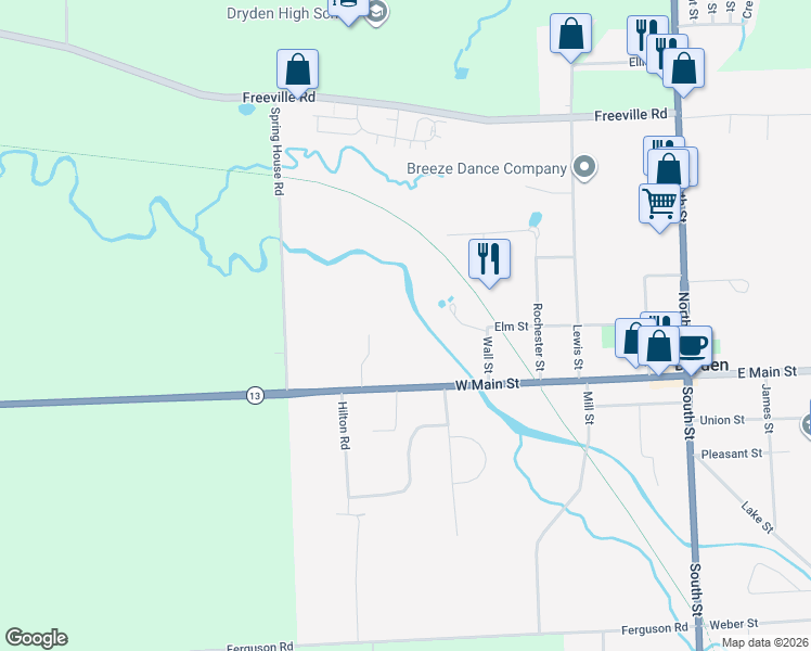 map of restaurants, bars, coffee shops, grocery stores, and more near 82 West Main Street in Dryden