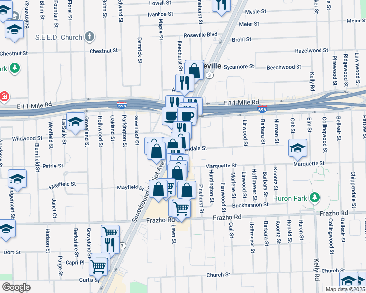 map of restaurants, bars, coffee shops, grocery stores, and more near 26640 Gratiot Avenue in Roseville