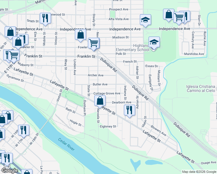 map of restaurants, bars, coffee shops, grocery stores, and more near 338 Butler Avenue in Waterloo