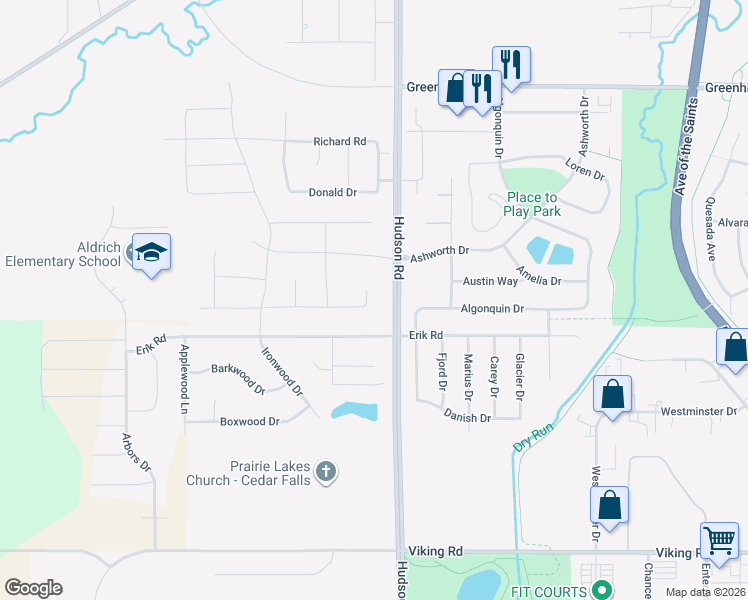 map of restaurants, bars, coffee shops, grocery stores, and more near 1722 Vera Way in Cedar Falls