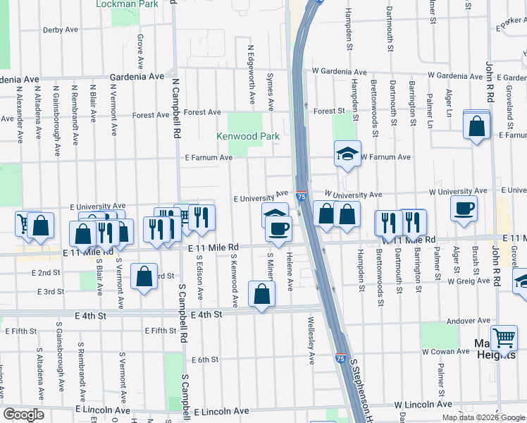 map of restaurants, bars, coffee shops, grocery stores, and more near 225 North Minerva Avenue in Royal Oak